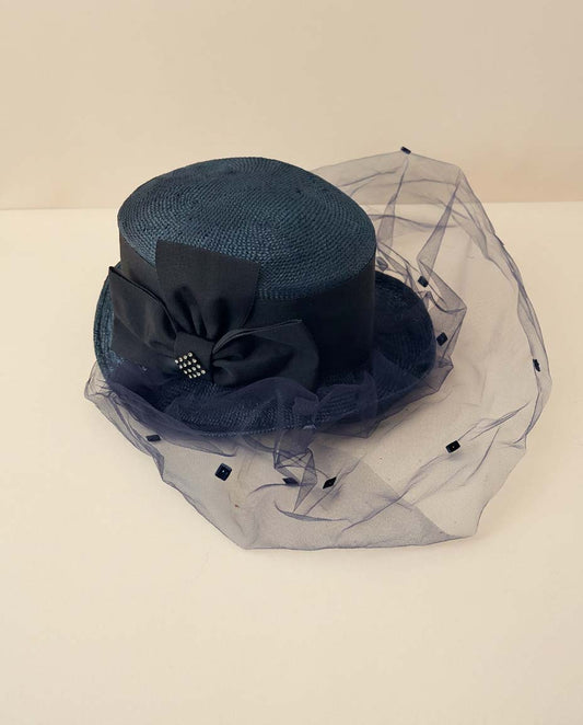 1950s Navy Riding Hat Style Straw Top Hat with Veil Equestrian Formal Cocktail Hat