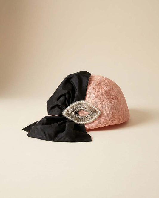 1950s Miss Bierner Blush Pink Straw Hat Vintage Half Hat Draped Black Bow Rhinestone Pearl Brooch Cocktail Headpiece Elegant Statement Hat