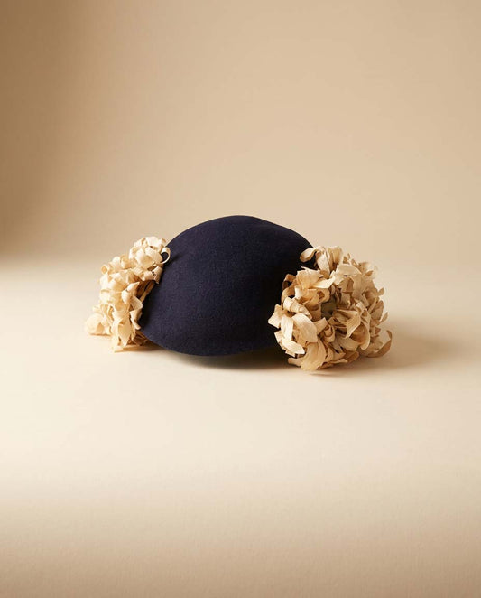 1950s Inky Black Wool Half Hat with Floral Trim Cream Petal Cocktail Hat Mid Century Headpiece