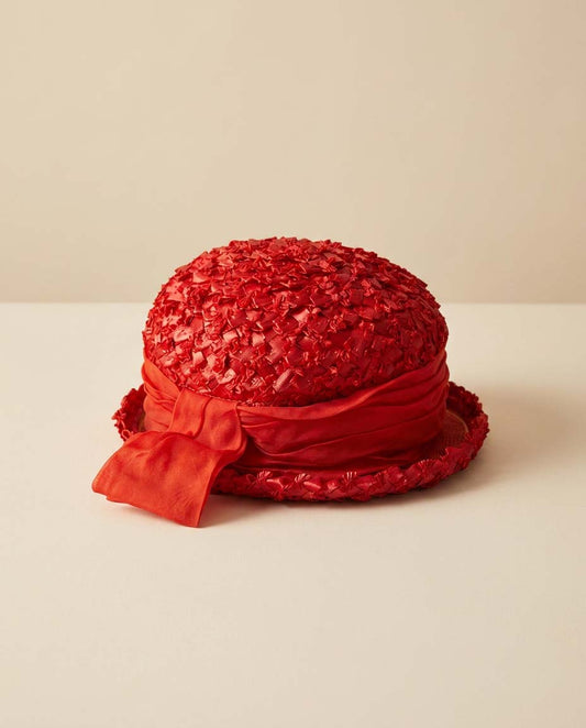 1960s Red Raffia Cloche Hat Vintage Textured Straw Bucket Hat Satin Ribbon Detail Bright Statement Hat Garden Party