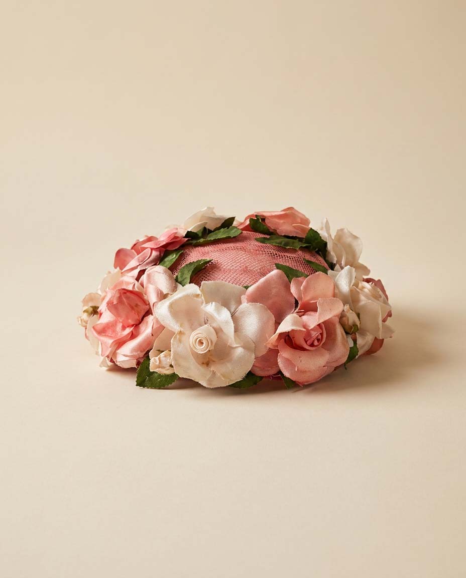 1950s Pink Floral Cocktail Hat Rose Trim Mid Century Half Hat Garden Party Vintage Headpiece Romantic Millinery