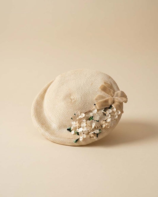 1950s Ivory Floral Straw Tilt Hat Satin Bow Cottagecore Bridal Hat Mid Century Garden Party