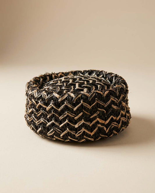 1950s Black Raffia Woven Hat Vintage Straw Pillbox Hat Two Tone Basket Weave Cocktail Hat Mid Century Summer Hat