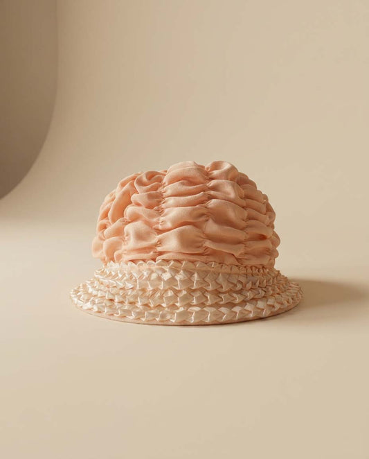 1950s Peach Ruffled Bucket Hat Satin Rosette Crown Textured Brim Bridgerton Garden Party Vintage Hat