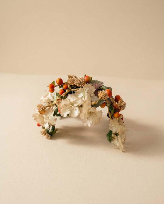 1950s Floral Crown Half Hat Ivory Blossoms Berry Trim Garden Halo Veil Ready Vintage Bridal Headpiece