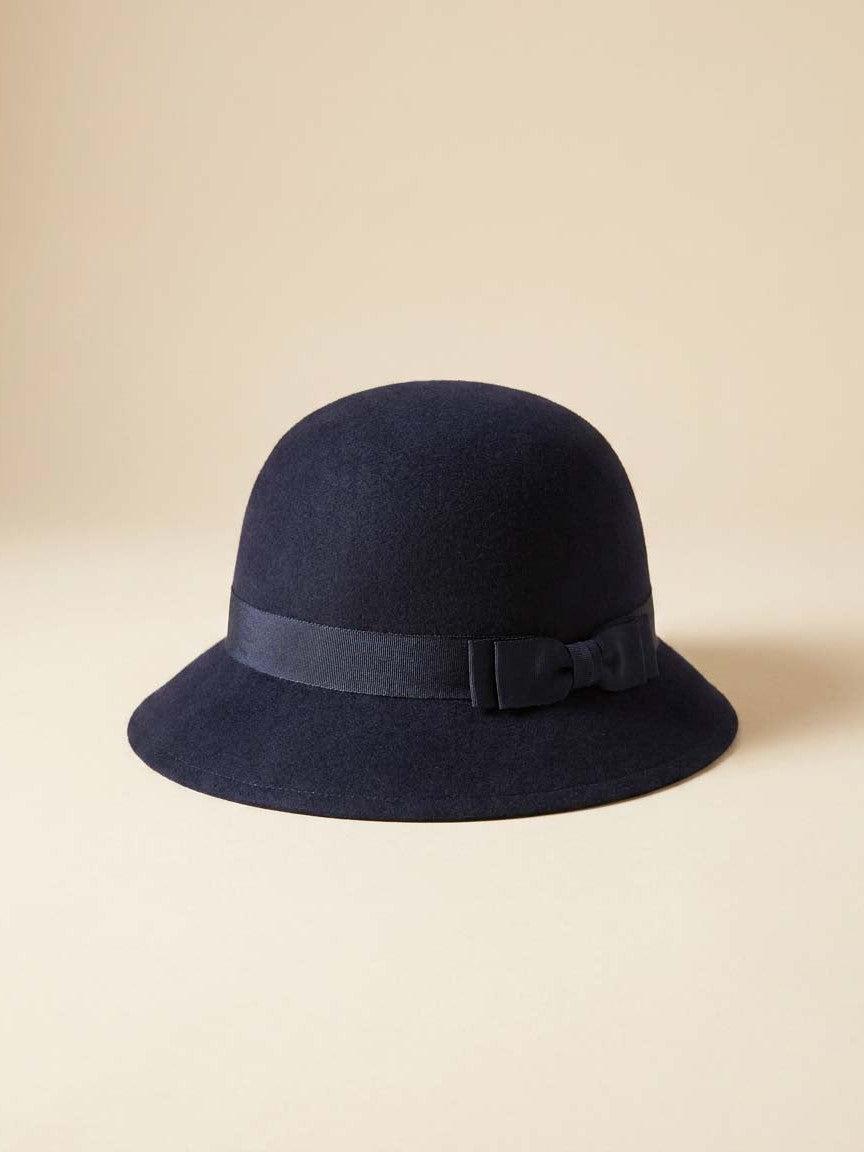 Vintage 1950s Navy Wool Felt Wide Brim Hat / Classic Minimalist Mid-Century Ha
