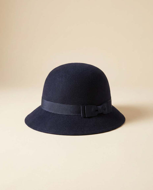 Vintage 1950s Navy Wool Felt Wide Brim Hat / Classic Minimalist Mid-Century Ha
