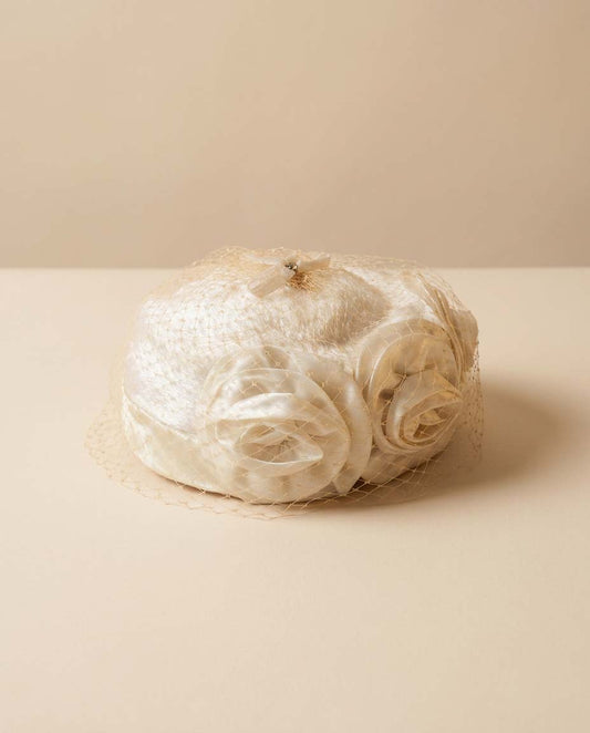 Vintage 1950s Ivory Satin Rose Pillbox Hat Veiled Bridal Hat Romantic Floral Headpiece Mid Century Wedding Hat Juliet Cap Style