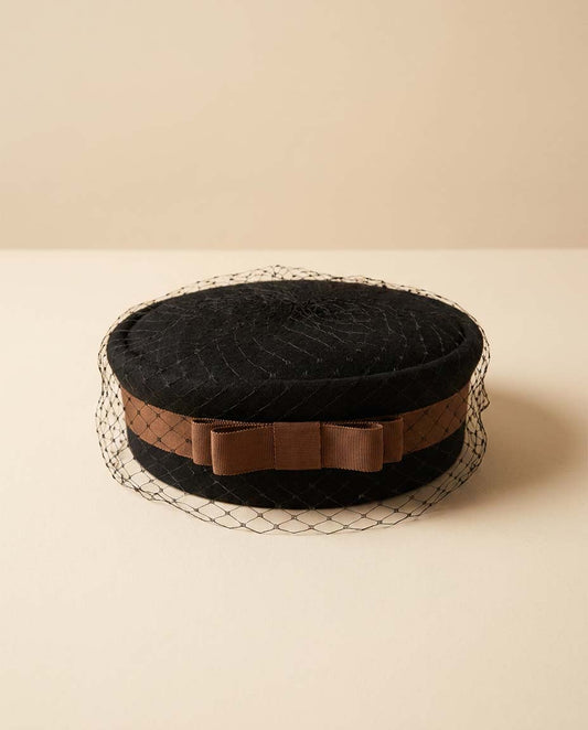 Vintage Fisk Chicago Black Veiled Pillbox Hat | 1950s Cocktail Fascinator | Velvet Trim Mid Century Millinery