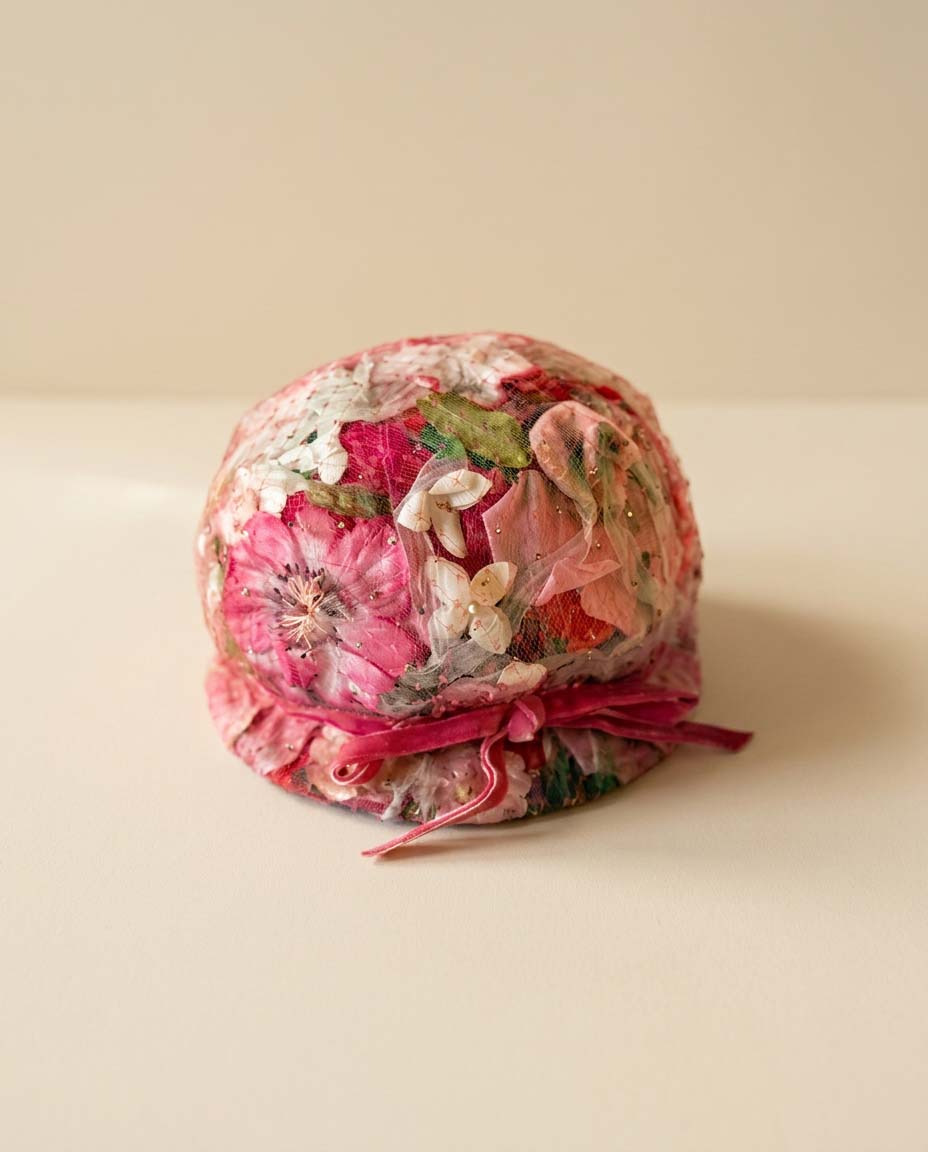 1950s Floral Cloche Hat Pink Velvet Ribbon Hat | Romantic Spring Garden Party Hat | Vintage Daytons Millinery Cap