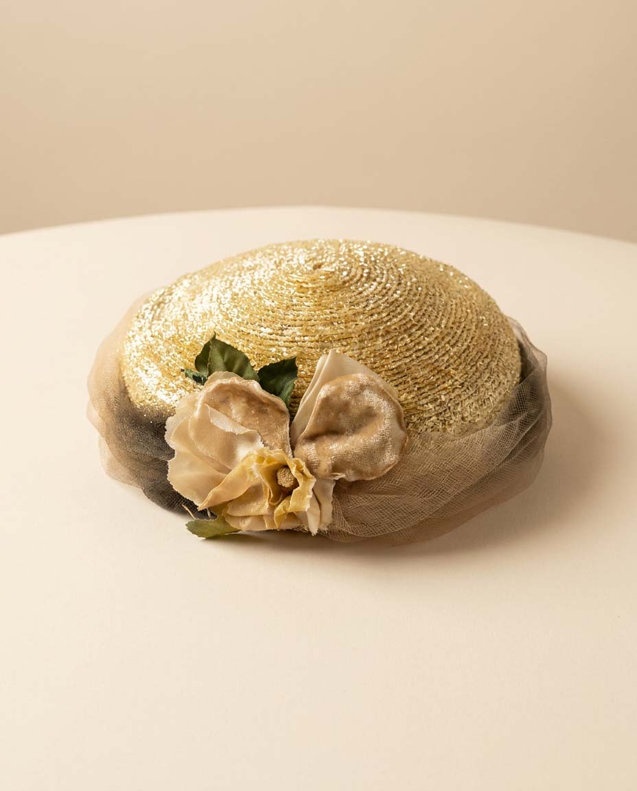 1950s Gold Lurex Pillbox Hat | Floral Jami Exclusive Hat | Vintage Metallic Straw Fascinator | Romantic Mid Century Millinery