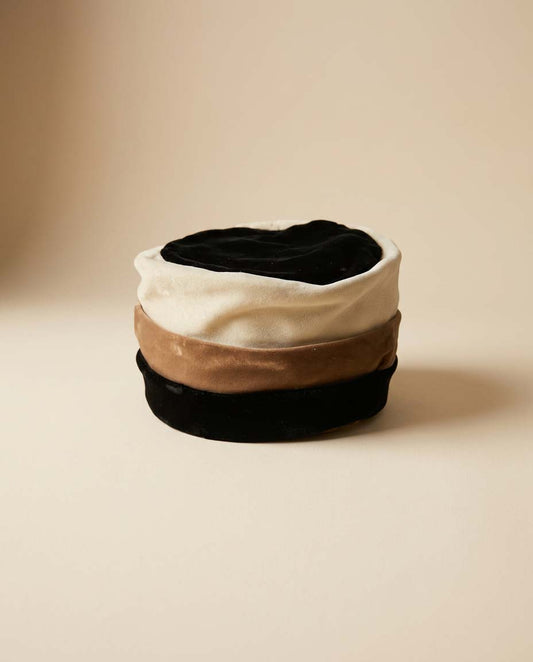 1960s Marilyn Color Block Cloche Hat | Vintage Mod Velvet Hat | Black Cream Taupe Cocktail Hat | Mid Century Minimalist Millinery