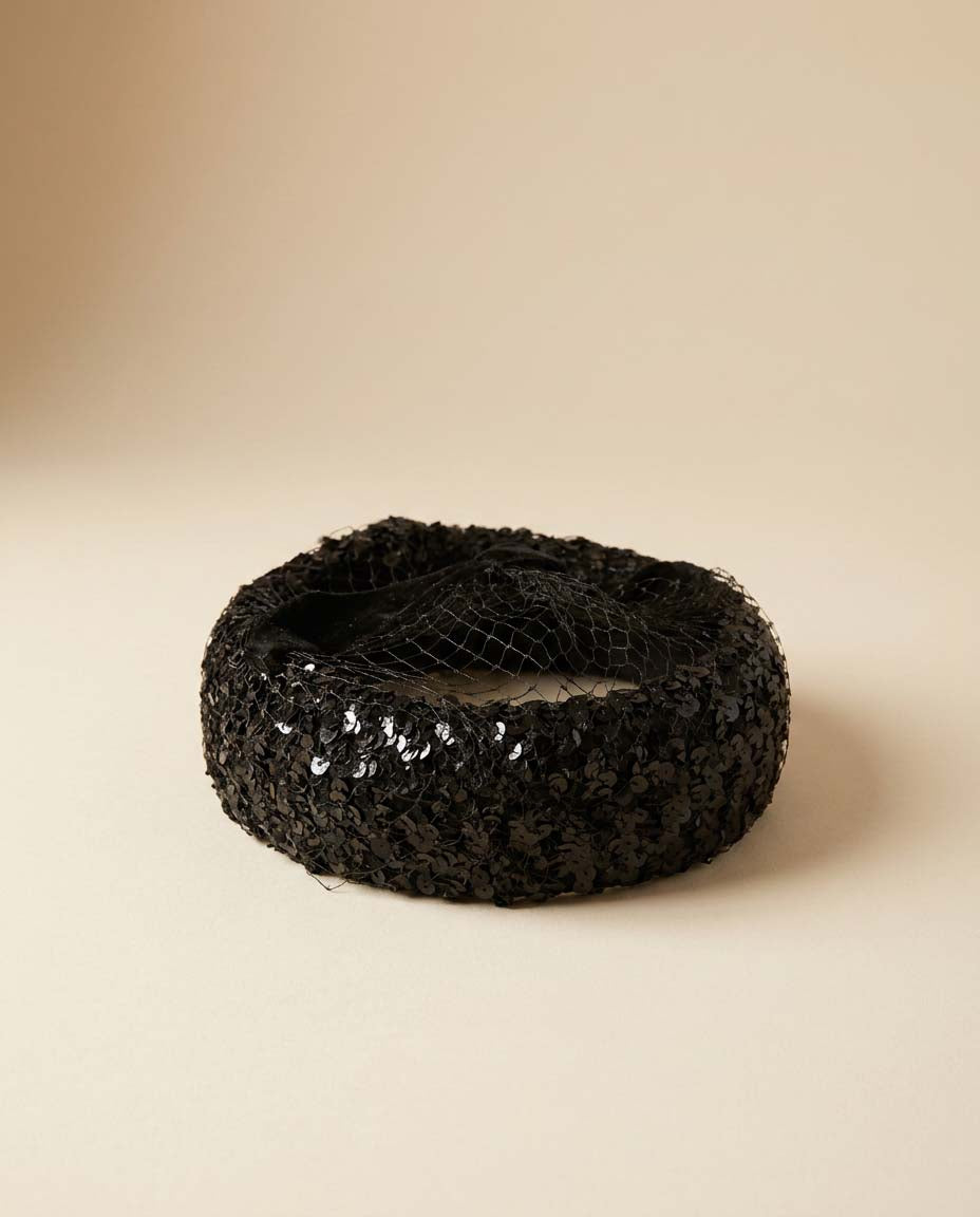 1950s Black Sequin Cocktail Halo Hat | Vintage Open Crown Fascinator | Beaded Net Evening Hat | Old Hollywood Glam Millinery