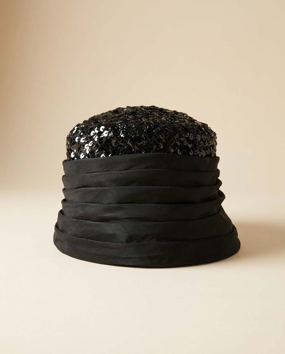 1950s Black Silk and Raffia Bucket  Hat | Sculptural Mid Century Tilt Hat | Elegant Avant Garde Fascinator