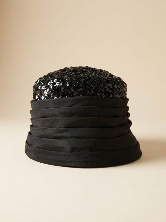 1950s Black Silk and Raffia Bucket  Hat | Sculptural Mid Century Tilt Hat | Elegant Avant Garde Fascinator