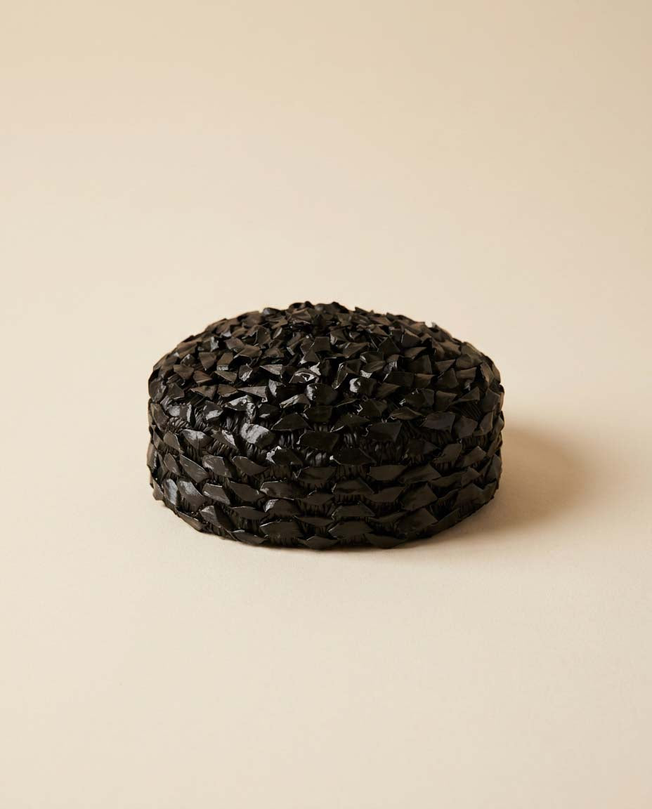 1950s Black Textured Cocktail Hat | Sculptural Woven Pillbox Fascinator | Mid Century Avant Garde Millinery