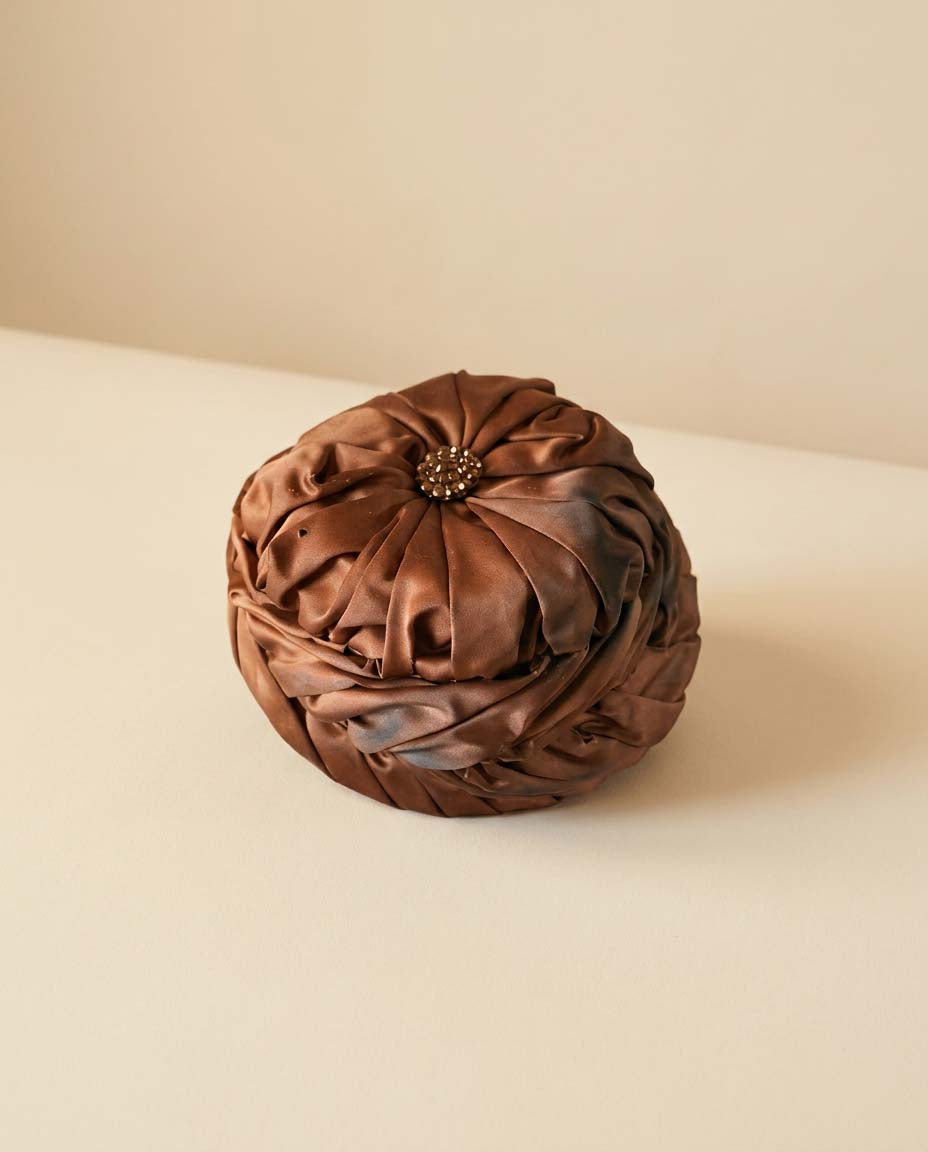 1950s Bronze Satin Cocktail Hat | Draped Turban Pillbox with Rhinestone Accent | Vintage Evening Millinery