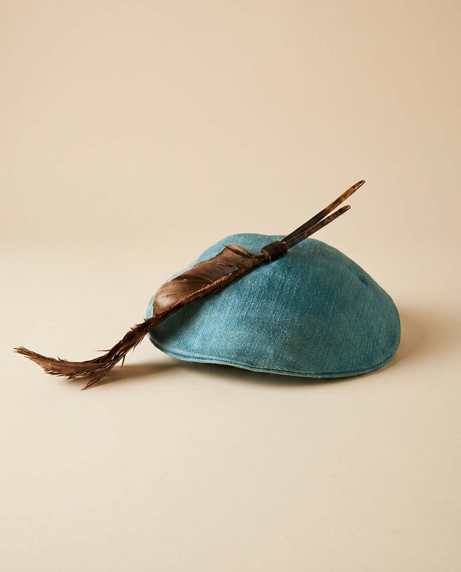 1950s Turquoise Blue Tilt Hat | Feather Accent Fascinator | Vintage Mid Century Cocktail Millinery