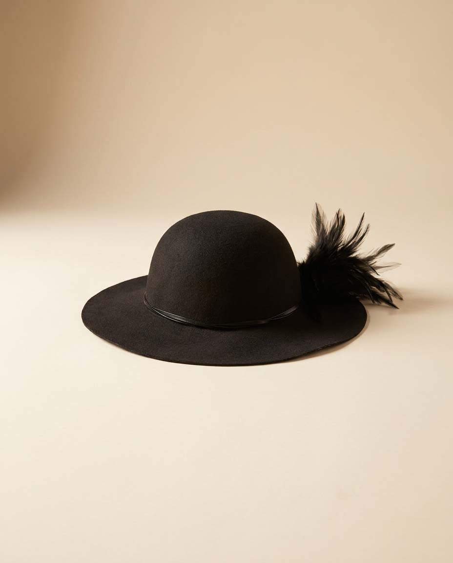 Vintage 1960s Black Wool Felt Wide Brim Hat | Feather Trim Cocktail Hat | Elegant Mod Derby Hat