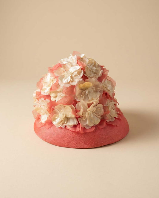 Vintage Floral Bucket Hat | Pink & Coral Sinamay Flower Hat | Sculptural Spring Garden Party Millinery