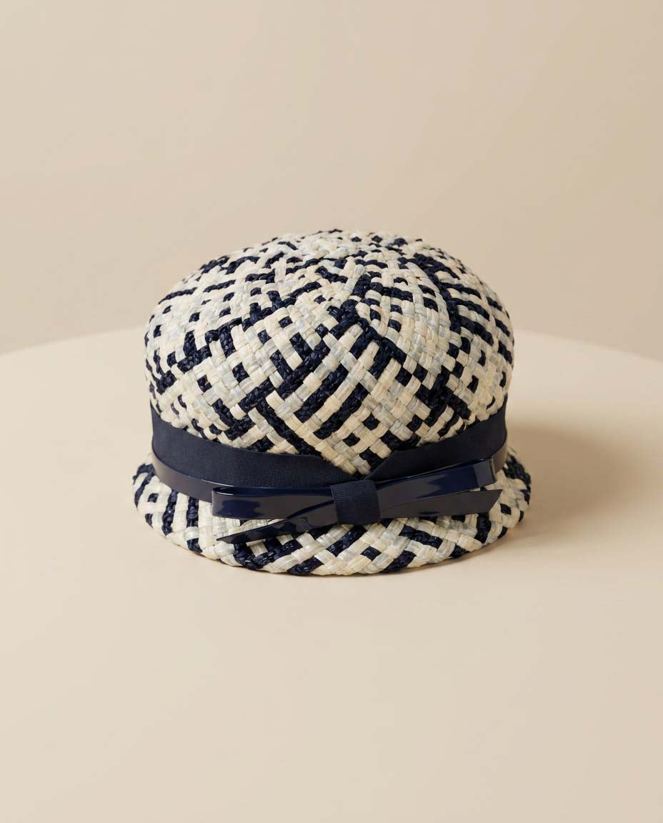 Vintage Navy Blue and White Woven Raffia Pillbox Hat | 1960s Mod Straw Fascinator | Mid Century Cocktail Hat