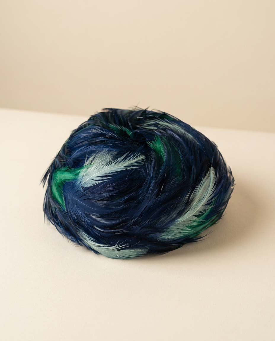 Vintage 1950s Blue Feather Fascinator Hat | Sapphire and Emerald Feather Cocktail Cap | Mid Century Glamour Headpiece