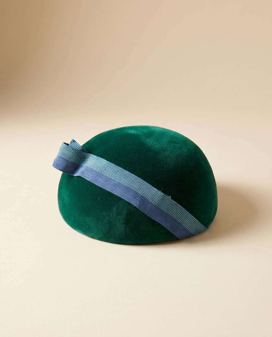Vintage Mr John Emerald Green Velour Pillbox Bubble Hat | 1960s Couture Mod Cocktail Hat | Blue Ribbon Sculptural Millinery