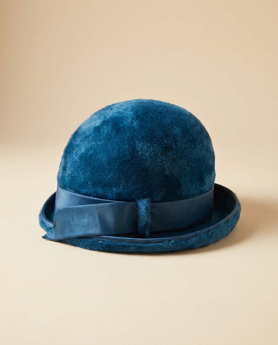 Vintage Adele Claire Sapphire Blue Faux Fur Cloche Hat | 1960s Mod Winter Cocktail Hat | Sculptural Mid Century Millinery
