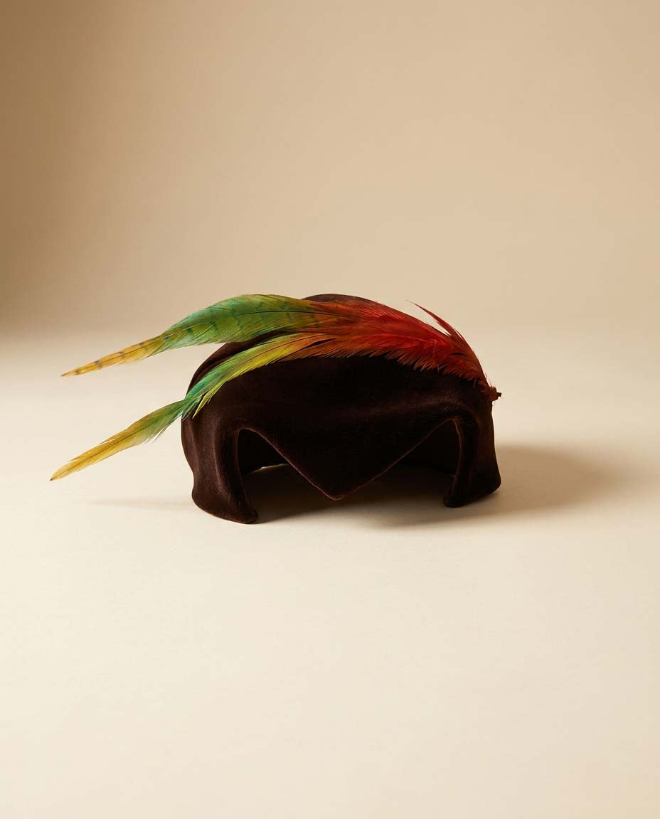 Vintage 1940s Brown Velvet Half Hat with Dramatic Feather Plume | Sculptural Cocktail Fascinator | Avant Garde Mid Century Millinery