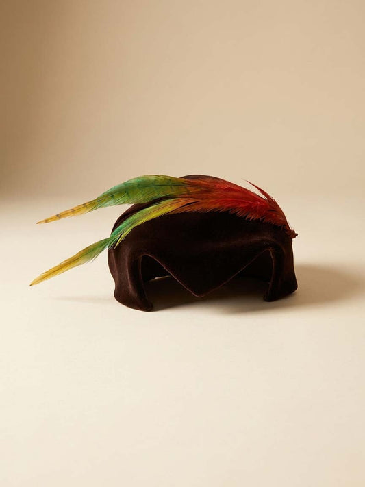 Vintage 1940s Brown Velvet Half Hat with Dramatic Feather Plume | Sculptural Cocktail Fascinator | Avant Garde Mid Century Millinery