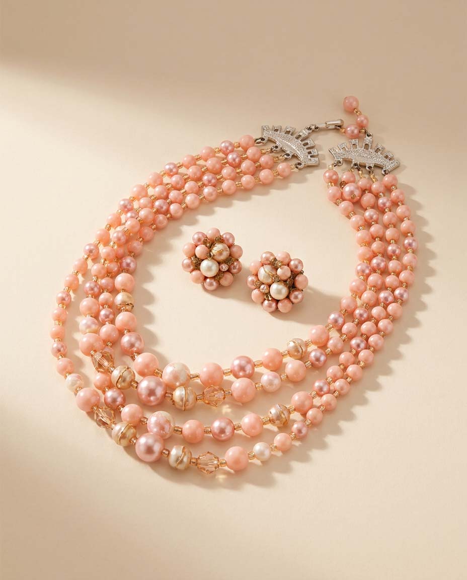 Vintage Pink Multi Strand Beaded Necklace Set, Pink Pearl Necklace and Earrings, 1950s Statement Jewelry, Mid Century Costume Jewelry Set
