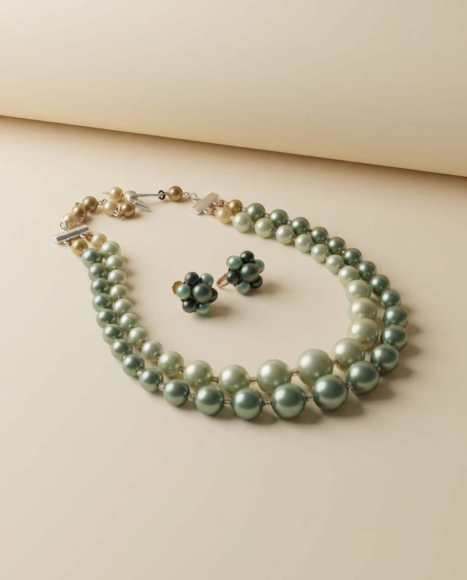 Vintage Double Strand Green Pearl Necklace and Earrings Set, Seafoam Pearl Demi Parure, Mid Century Beaded Jewelry Set, Two Tone Pearl Necklace