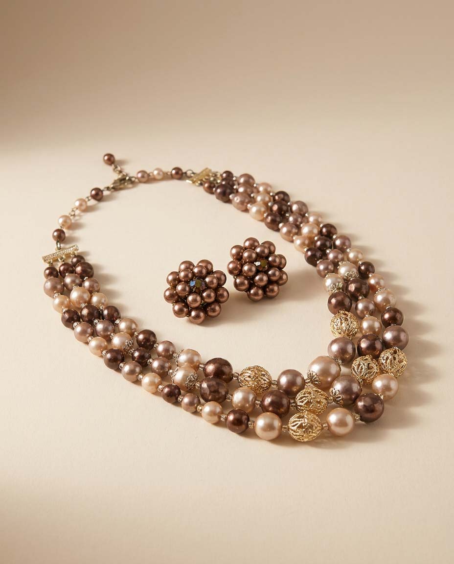 Vintage Brown Pearl Necklace and Earrings Set, Triple Strand Pearl Demi Parure, Mocha Champagne Pearl Jewelry, Mid Century Statement Necklace