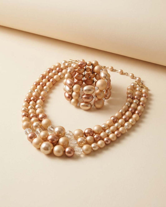 Vintage Pearl Necklace and Bracelet Set, Champagne Blush Faux Pearl Jewelry, Triple Strand Necklace, Mid Century Bridal Jewelry, Coordinated Demi Parure