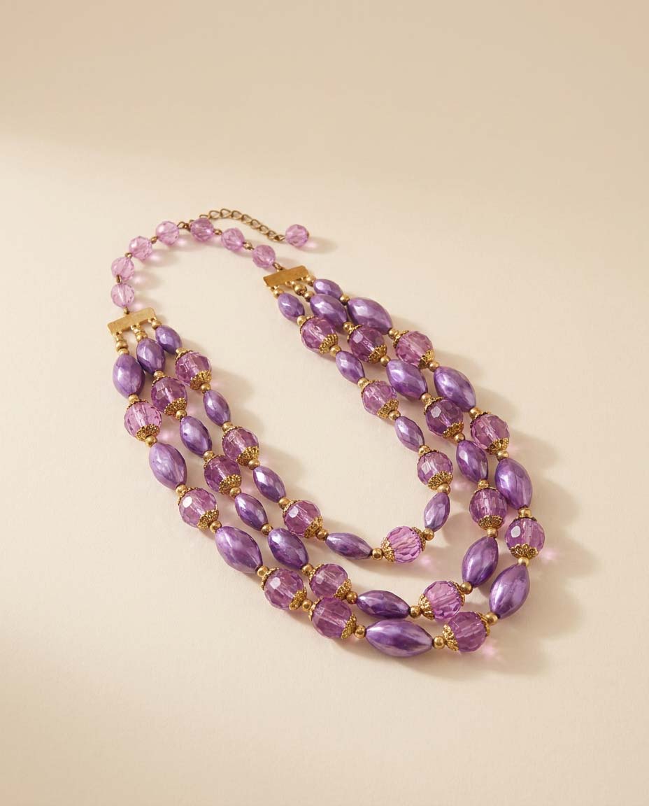 Vintage Purple Lucite Necklace, Triple Strand Statement Necklace, Lavender Bead Jewelry, Mid Century Costume Jewelry, 1960s Mod Necklace