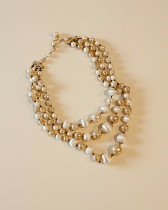 Vintage Triple Strand Faux Pearl Necklace, Ivory and Champagne Bead Necklace, Mid Century Statement Jewelry, Elegant Wedding Necklace