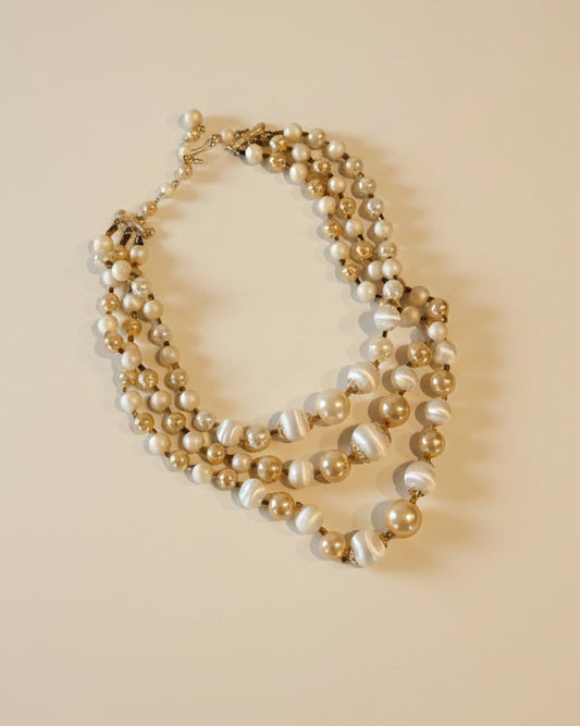 Vintage Triple Strand Faux Pearl Necklace, Ivory and Champagne Bead Necklace, Mid Century Statement Jewelry, Elegant Wedding Necklace