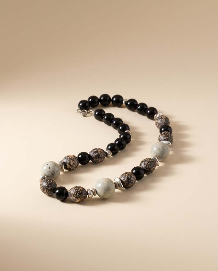 Vintage Black & Gray Statement Beaded Necklace | Marbled Lucite Beads | Modernist Chunky Bead Necklace