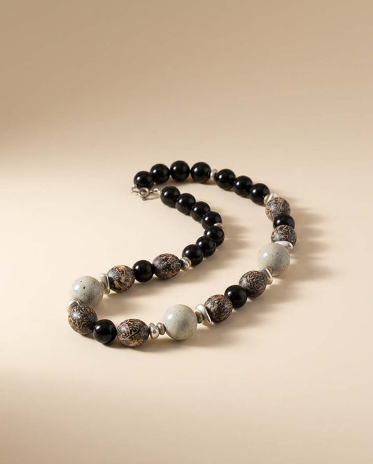 Vintage Black & Gray Statement Beaded Necklace | Marbled Lucite Beads | Modernist Chunky Bead Necklace