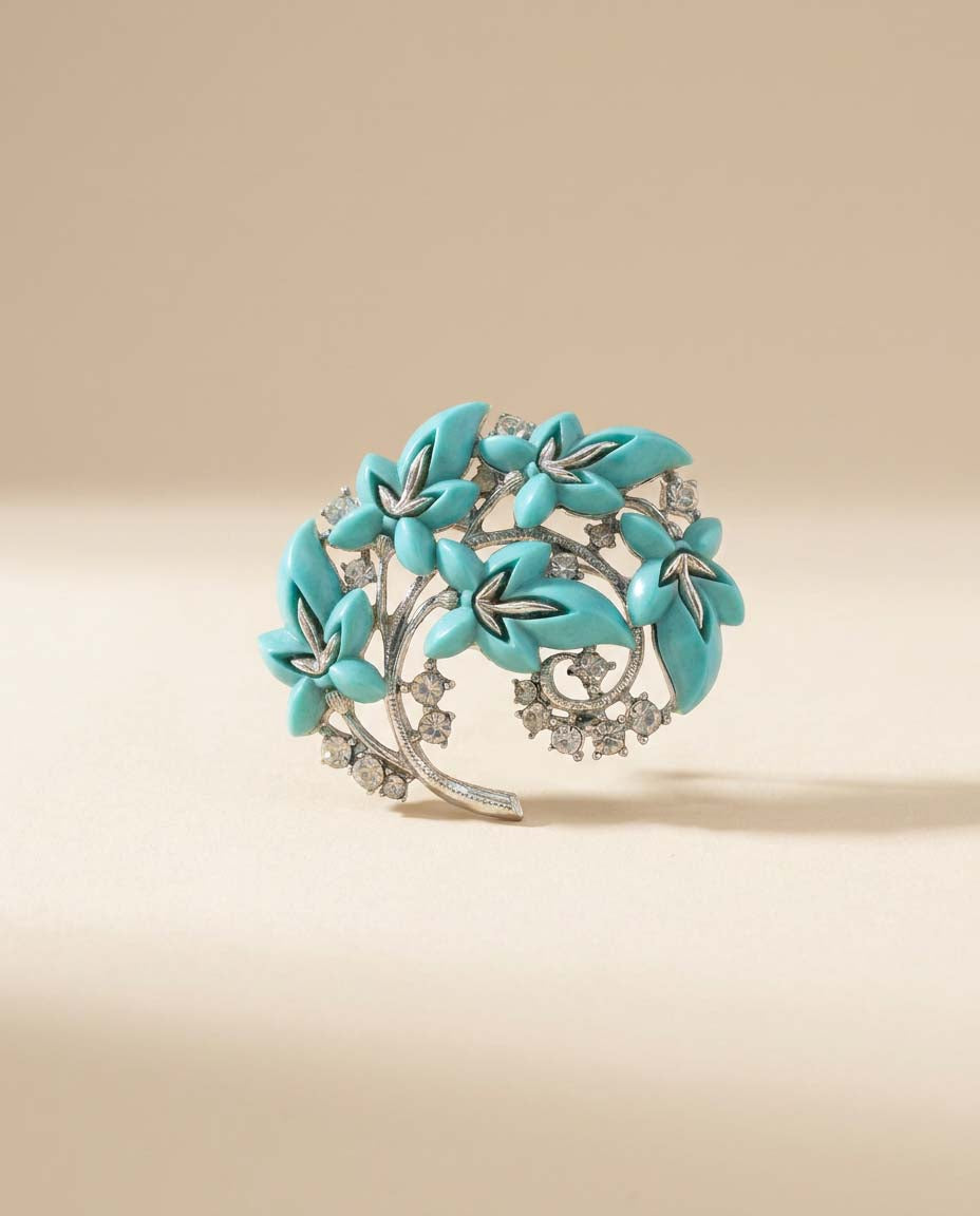 Vintage Turquoise Blue Floral Rhinestone Brooch | Mid Century Flower Spray Pin | Retro Statement Jewelry
