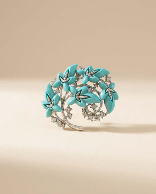 Vintage Turquoise Blue Floral Rhinestone Brooch | Mid Century Flower Spray Pin | Retro Statement Jewelry
