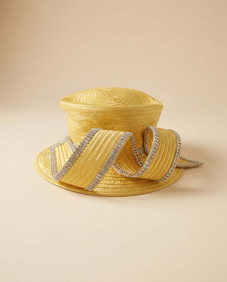 Vintage Gold Satin Ribbon Hat | Rhinestone Trim Couture Church Hat | Sculptural Statement Millinery | Glamorous Derby Hat