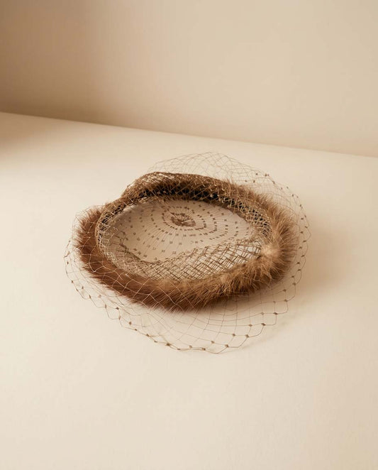 Vintage Mink Fur Halo Hat with Veil | 1950s Cocktail Fascinator | Mid Century Fur Crown Hat with Netting