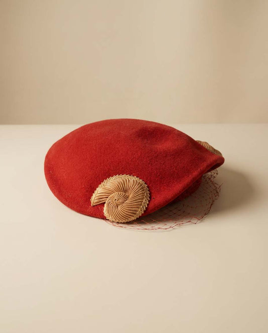Vintage 1940s Red Tilt Hat with Veil | Sculptural Wool Cocktail Hat | Late 40s Draped Fascinator with Gold Soutache Trim