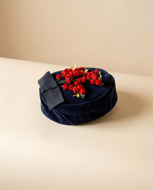Vintage 1950s Navy Velvet Pillbox Hat | Cherry Red Berry Trim Cocktail Hat | Mid Century Winter Millinery Fascinator