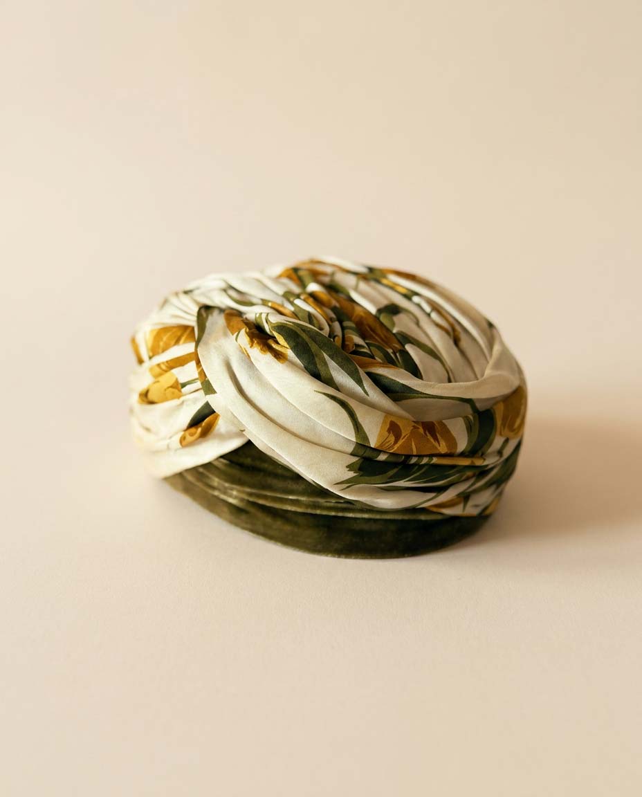 Vintage Sally Victor Floral Turban Hat | 1950s Silk Draped Cocktail Hat | Olive Green Satin Millinery
