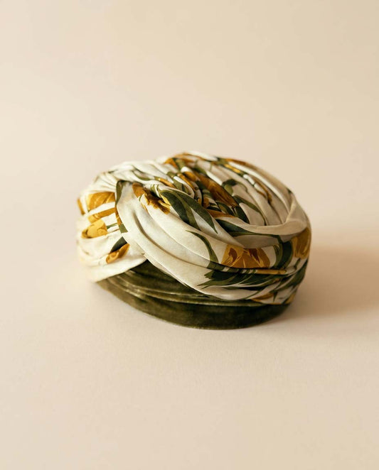 Vintage Sally Victor Floral Turban Hat | 1950s Silk Draped Cocktail Hat | Olive Green Satin Millinery
