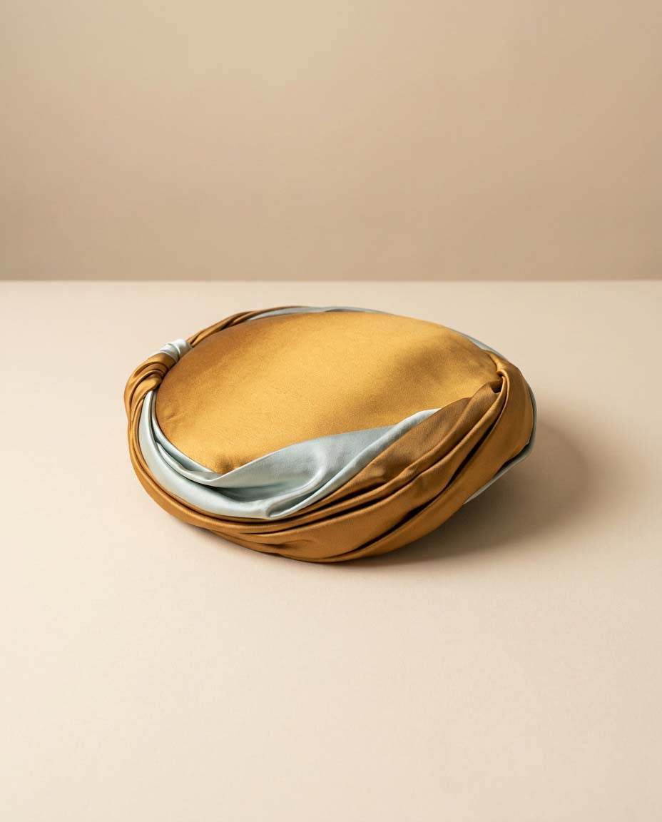 Vintage 1950s Satin Cocktail Hat | Gold and Ice Blue Draped Turban Hat | Mid Century Evening Millinery