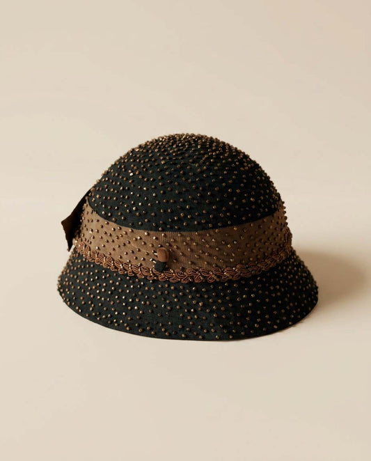 Vintage 1950s Black Beaded Cloche Hat | Studded Wool Felt Cocktail Hat | Mid Century Avant Garde Millinery