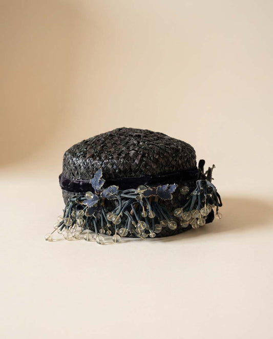 Vintage 1950s Black Raffia Cocktail Hat | Beaded Berry Trim Fascinator | Sculptural Mid Century Millinery